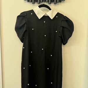 SHEIN Formal Black Dress with White Collar and Pearl Accents